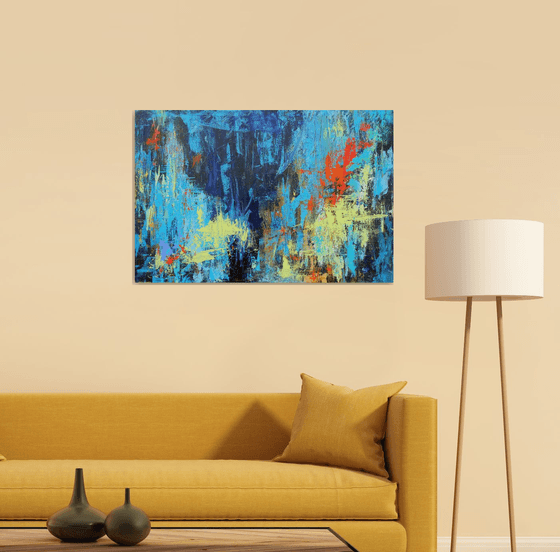 Large Abstract Landscape Painting. Blue, Red, Teal, Brown. Modern Textured Art