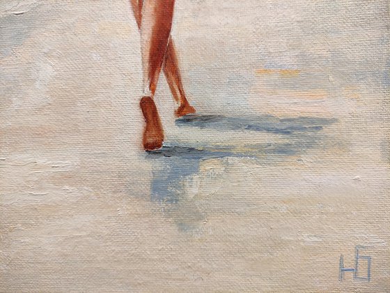 Beach walk, Girl by the sea oil painting