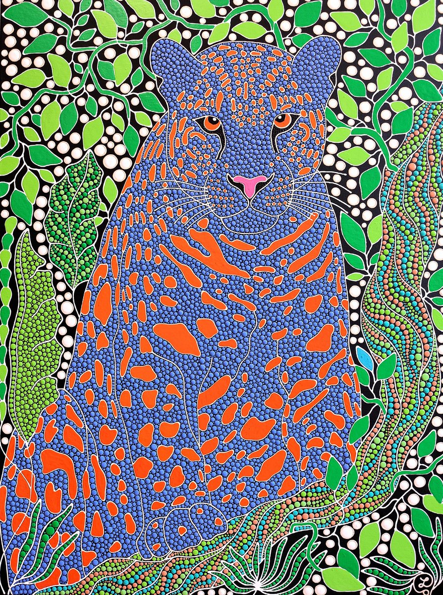 Expressive Animal Acrylic Painting By Oxana Lazari, 24 X 31", The Hidden Watcher, Original Artwork