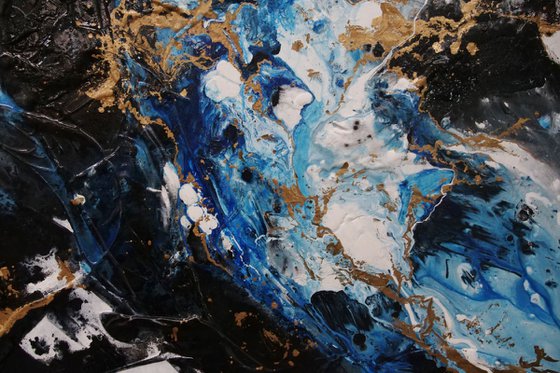 Golden Midnight 190cm x 100cm Blue Gold White Textured Abstract Art