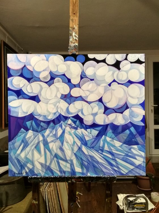 Winter evening (90x80cm, cubism, oil painting, ready to hang)