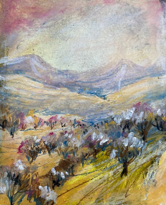 pink landscape 2 - oil pastels on watercolored paper
