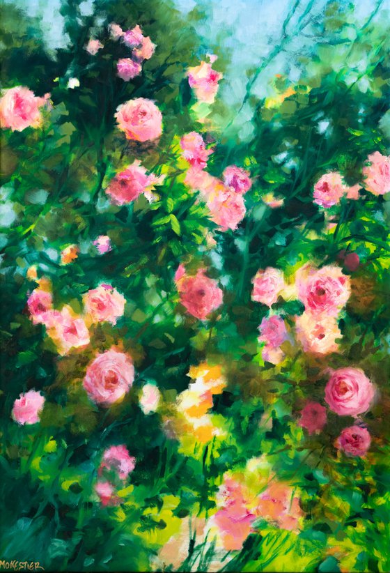 Pink roses in the garden - Impressionistic flower painting Modern floral Contemporary romantic LARGE SIZE UNSTRETCHED