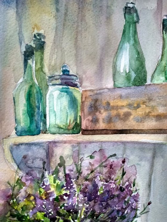 Green bottles still life, 30x40 cm.