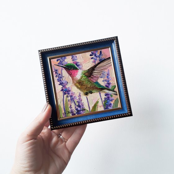 Hummingbird painting original oil art framed 4x4, Ruby throated hummingbird blueish painting, Sympathy gift best friend