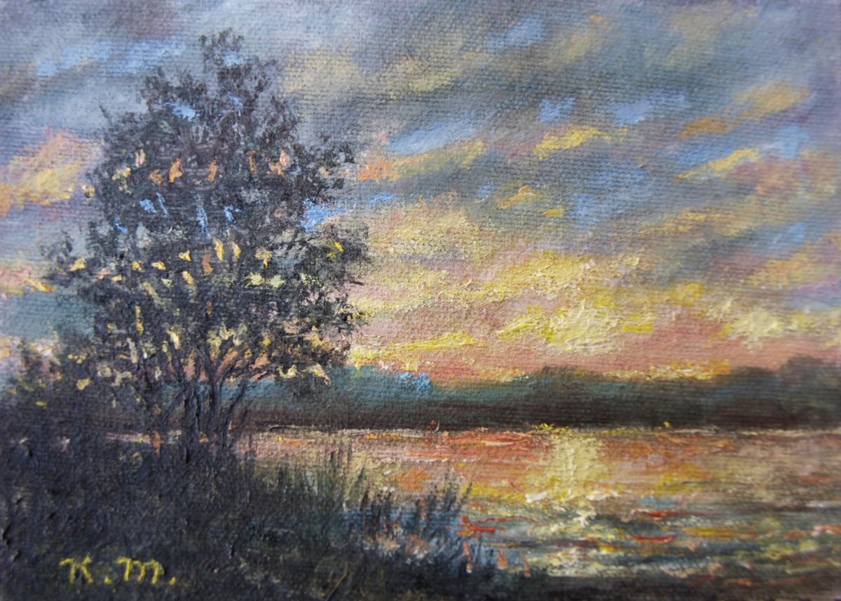 River Sundown - 5X7 oil by Kathleen McDermott