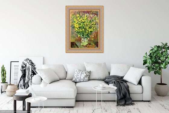 BOUQUET OF SUMMER FLOWERS - still-life, floral art, original painting oil on canvas,  wild flowers in vase, gift , Valentine's day, home decor 80x60cm