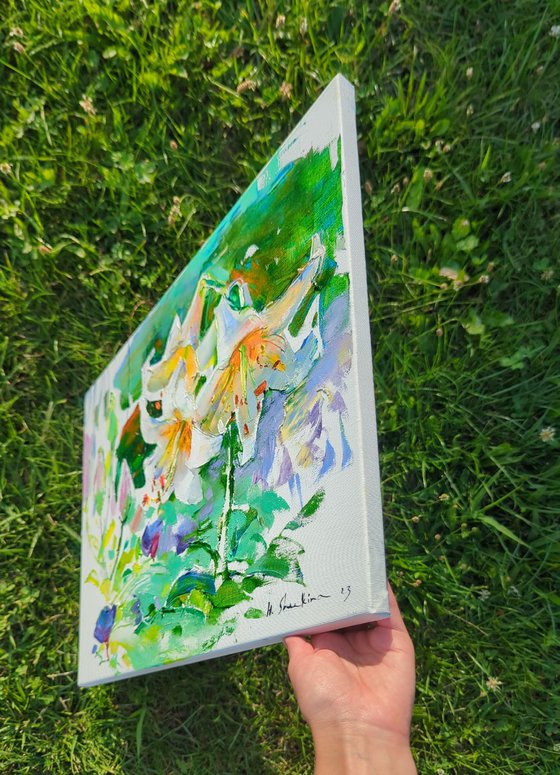 White lilies . Morning garden