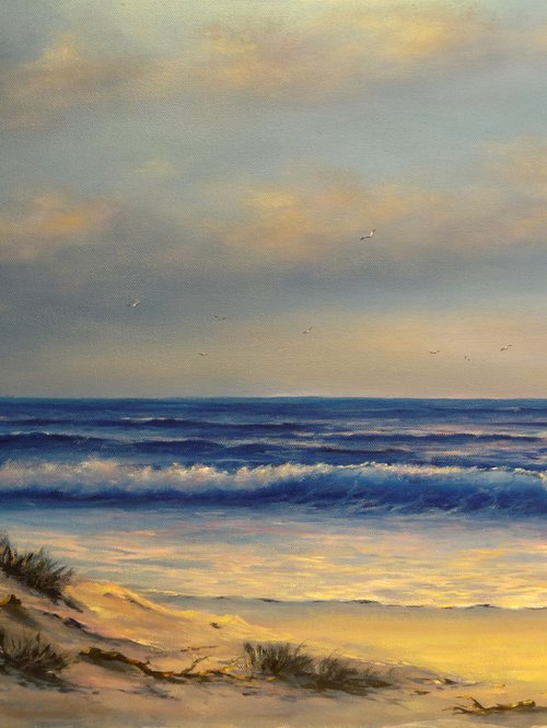 Wild Beach - seascape painting, coastal art, sunset, wave, sand by Mariia Ignatkina