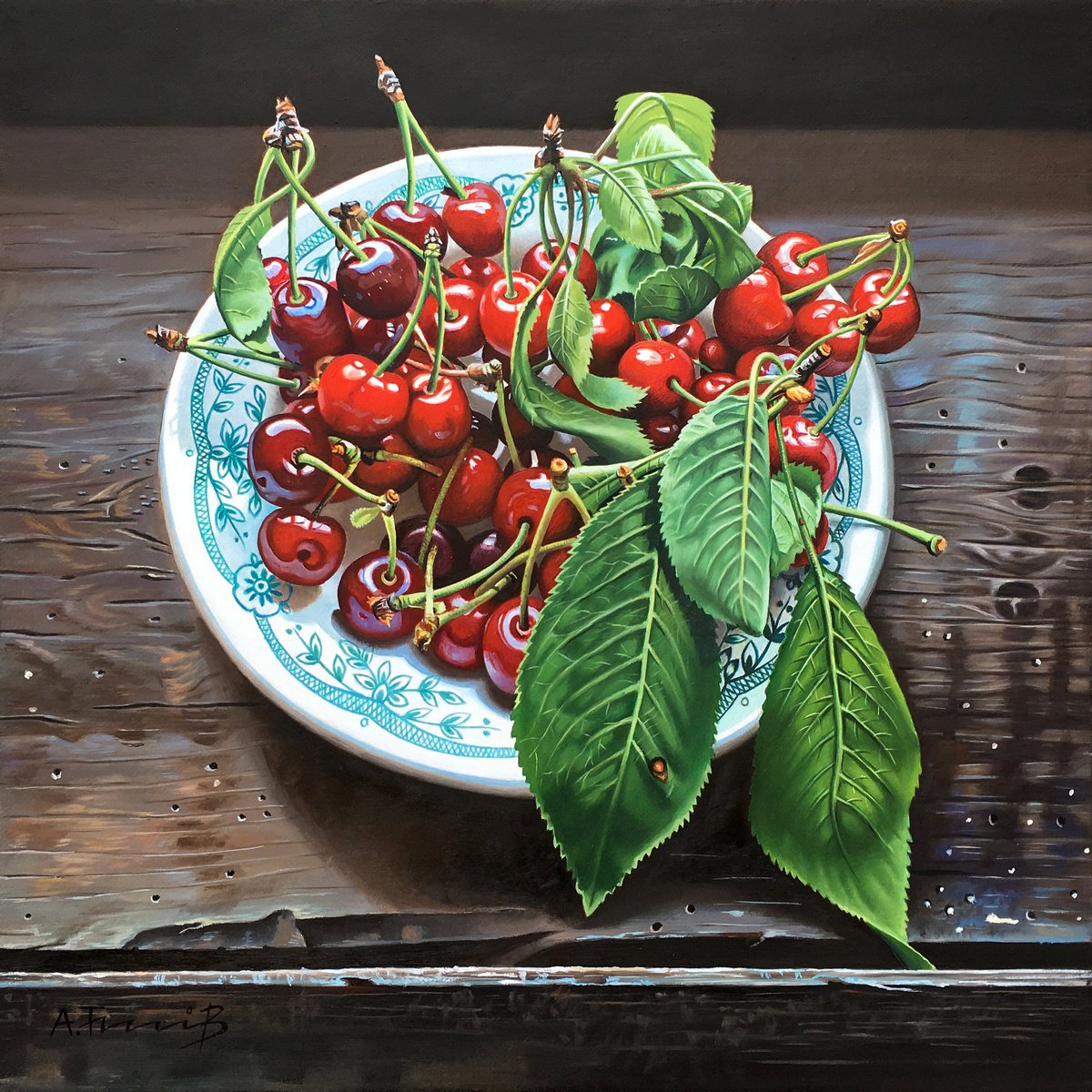Photorealistic Still Life Oil Painting By Alexander Titorenkov, 16 X 16, Cherries On A Plate, Original Artwork