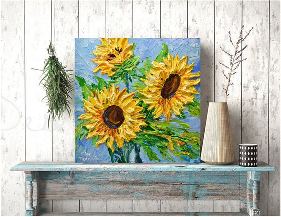 Sunflowers on Blue III - Original Floral Painting on Canvas, Palette Knife Art, Textured Impasto Artwork