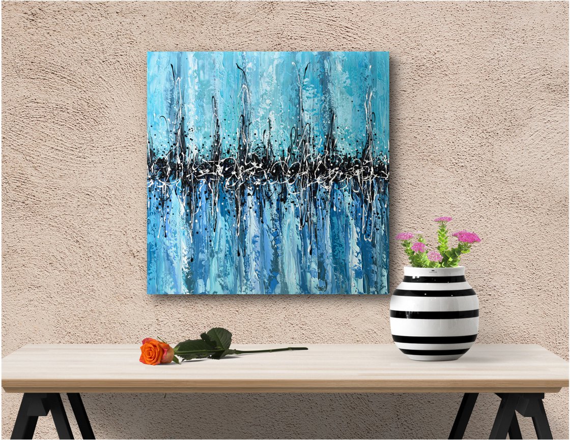 Aqua Blue Horizon - Original Abstract Painting, Palette Knife Art