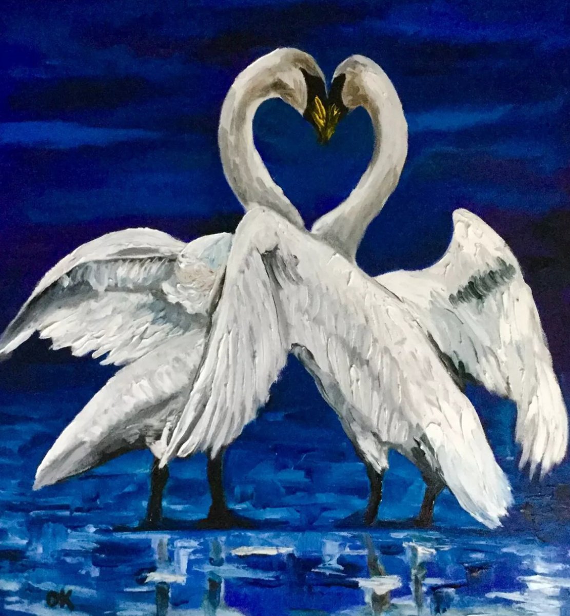 Impressionistic Animal Oil Painting By Olga Koval, 22 X 24", Swan Lake., Original Artwork
