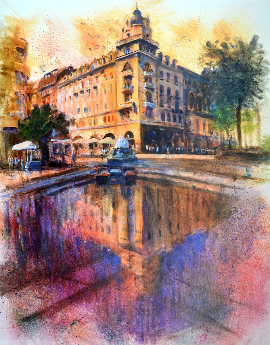 Impressionistic Cityscapes Acrylic Painting By Nenad Kojic, 31 X 39", Odraz Ruski Car Beograd, Original Artwork