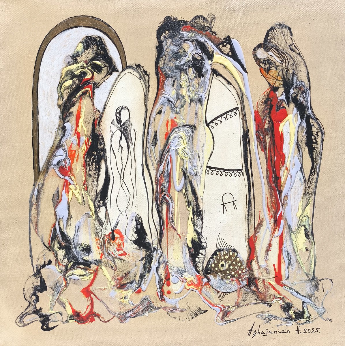 Abstract Portrait Oil Painting By Harutyun Aghajanyan, 16 X 16, Stories Behind The Arches, Original Artwork