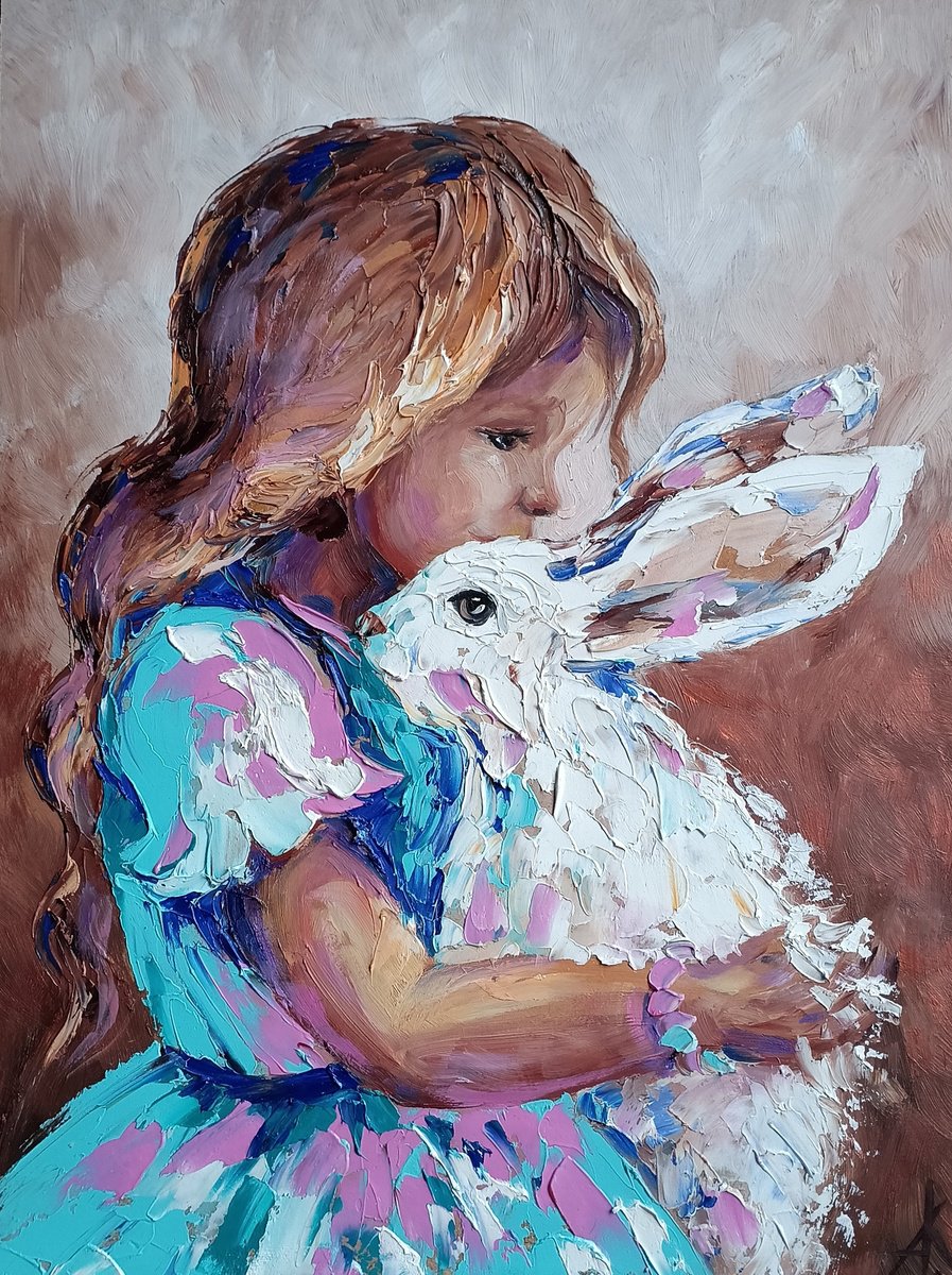 Little girl - childhood, child, oil painting, kids, girl, cat, for childs room, for kids by Anastasia Kozorez