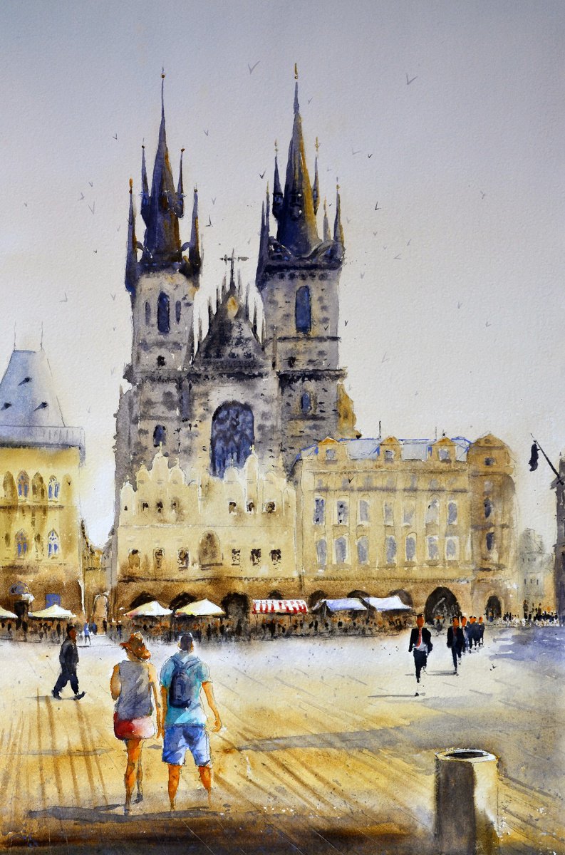 Impressionistic Cityscapes Watercolour By Nenad Kojic, 14 X 23", Prague Season, Original Artwork
