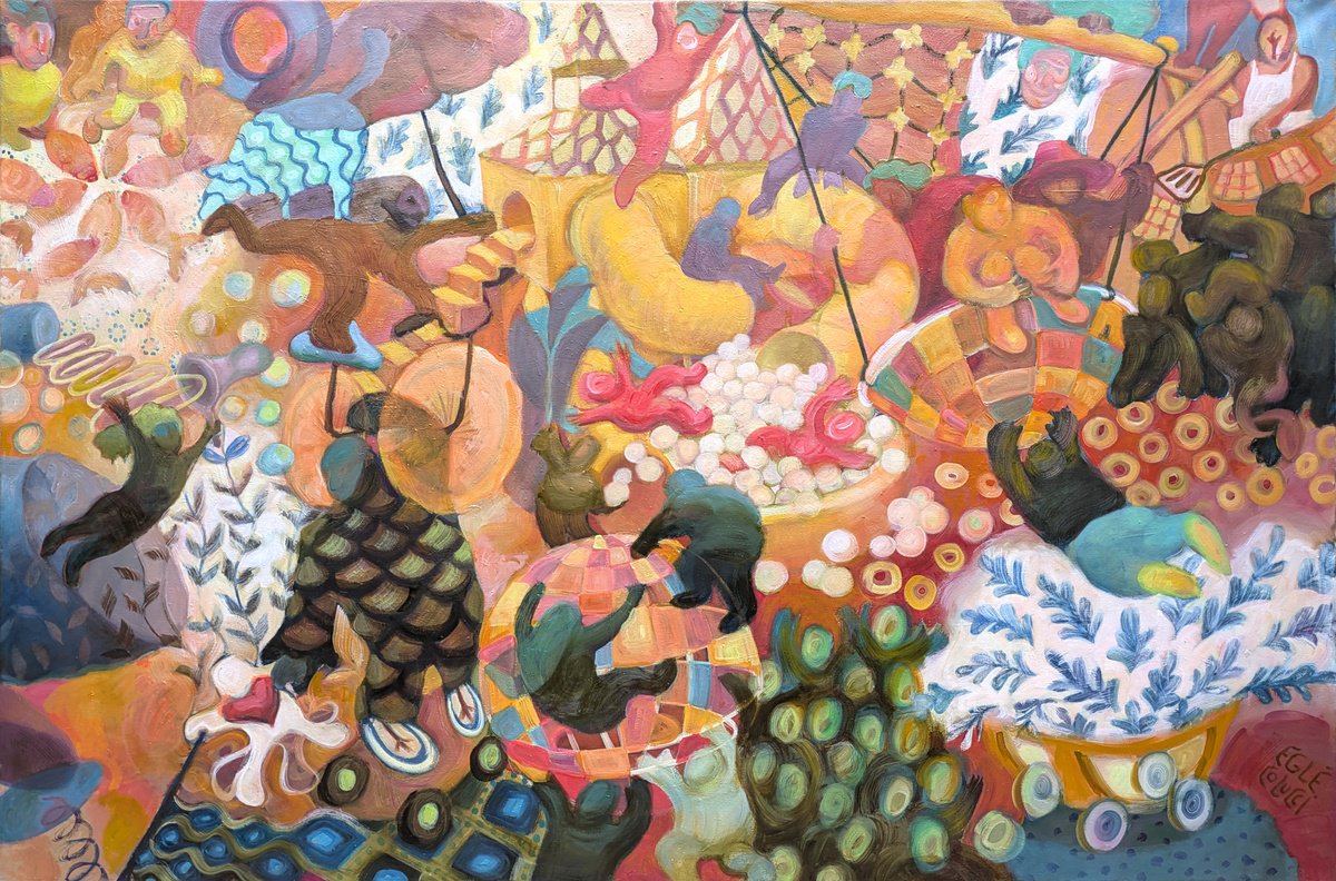 Surrealistic Portrait Oil Painting By Egle Colucci, 47 X 31, A Family On The Playground, Original Artwork