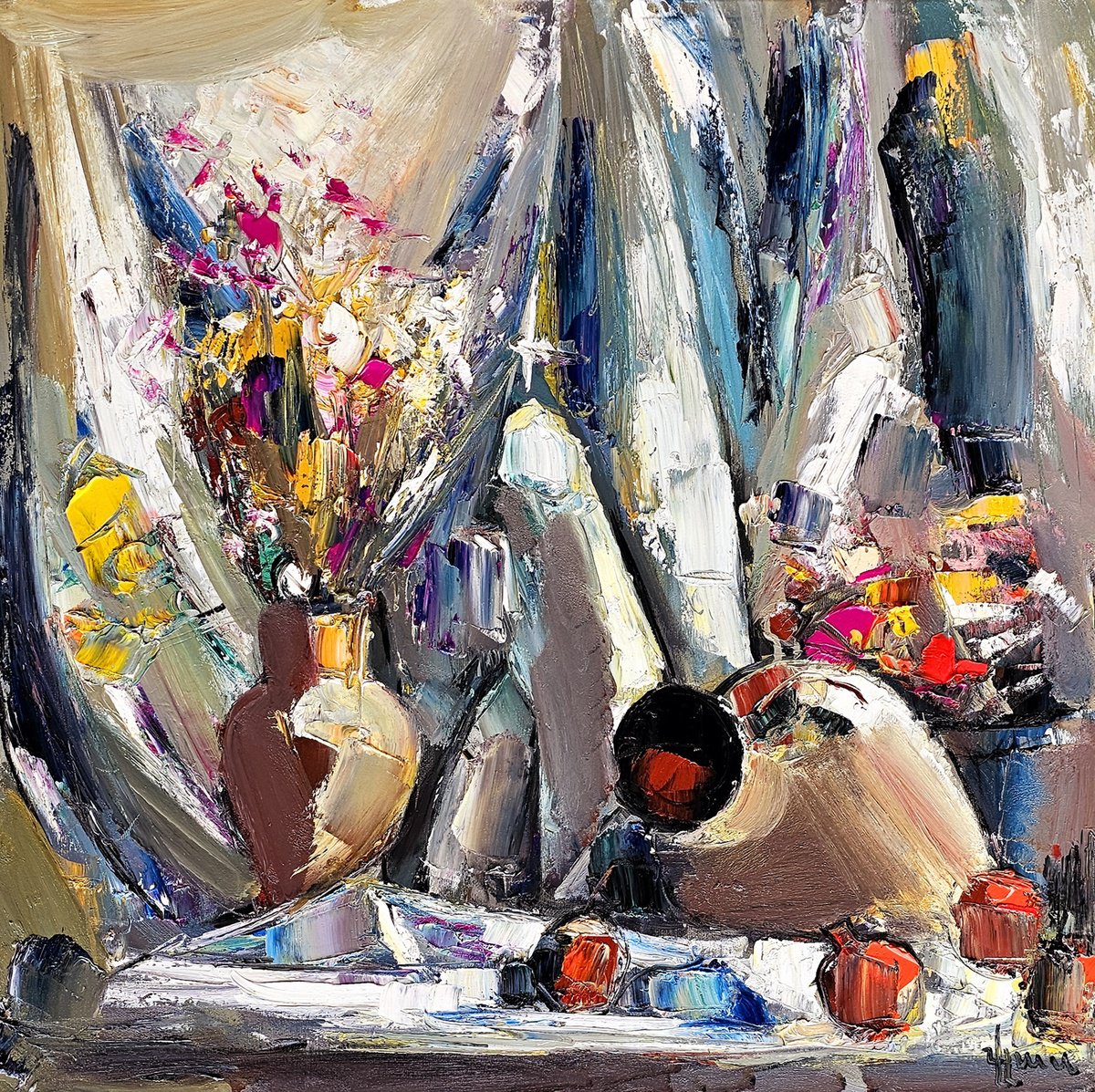 Abstract Still Life Oil Painting By Vlas Ayvazyan, 28 X 28", Art Of Everyday Beauty, Original Artwork