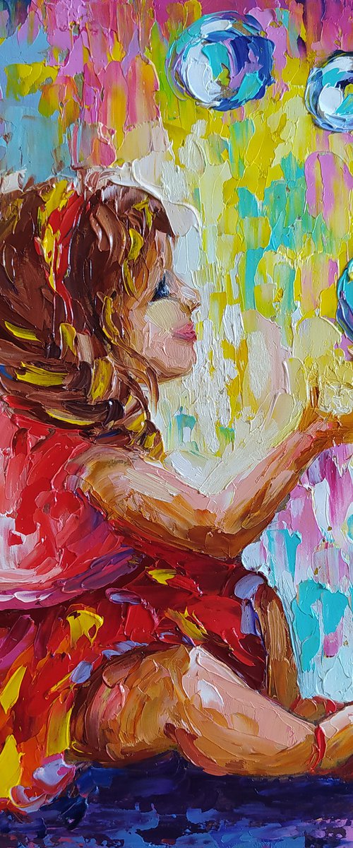 Happiness is in the little things - childhood, child, oil painting, girl, bubble, little girl, happy childhood, children by Anastasia Kozorez