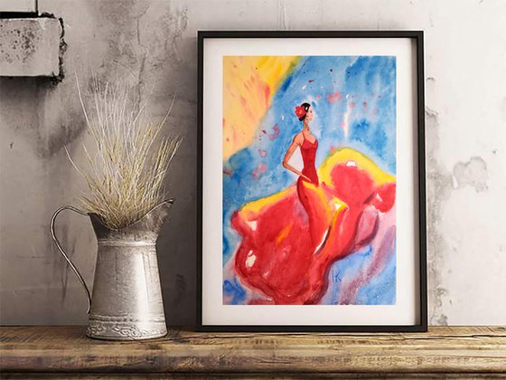 Flamenco Painting Dance Original Art Spanish Dancer Original Watercolor Artwork 12 by 17 inches