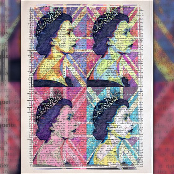 Queen Elizabeth II - Pop Art Andy Warhol Inspired Art - Collage Art on Large Real English Dictionary Vintage Book Page