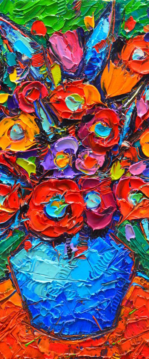 COLOURFUL AUTUMN FLOWERS - abstract modern impressionist floral miniature original palette knife oil painting by ANA MARIA EDULESCU