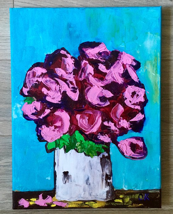 ABSTRACT BOUQUET OF Burgundy Roses  #16 ( NAIVE COLLECTION)  palette  knife Original Acrylic painting office home decor gift