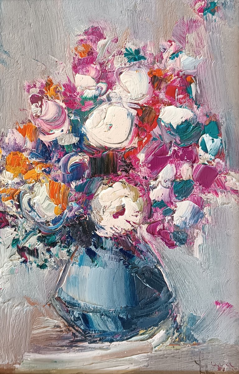 Abstract Botanical Oil Painting By Vlas Ayvazyan, 8 X 12", Still Life Flowers, Original Artwork