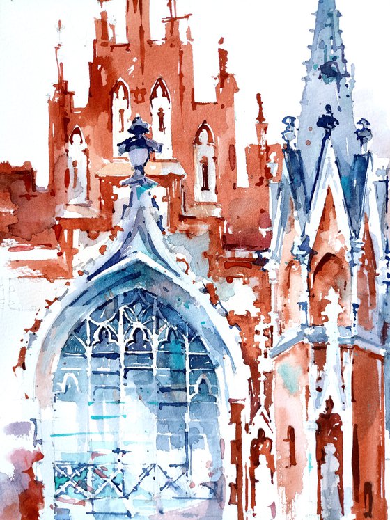 "Church of St. Joseph in Krakow, Poland" architectural landscape - Original watercolor painting