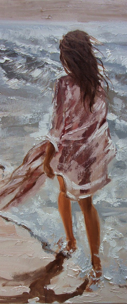 " SUMMER WALK ... " SUN SKY SEA SAND liGHt  ORIGINAL OIL PAINTING, GIFT, PALETTE KNIFE by Monika Luniak