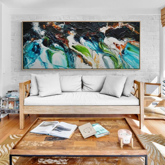 Teal and Oxide Rust 200cm x 80cm Textured Abstract Art