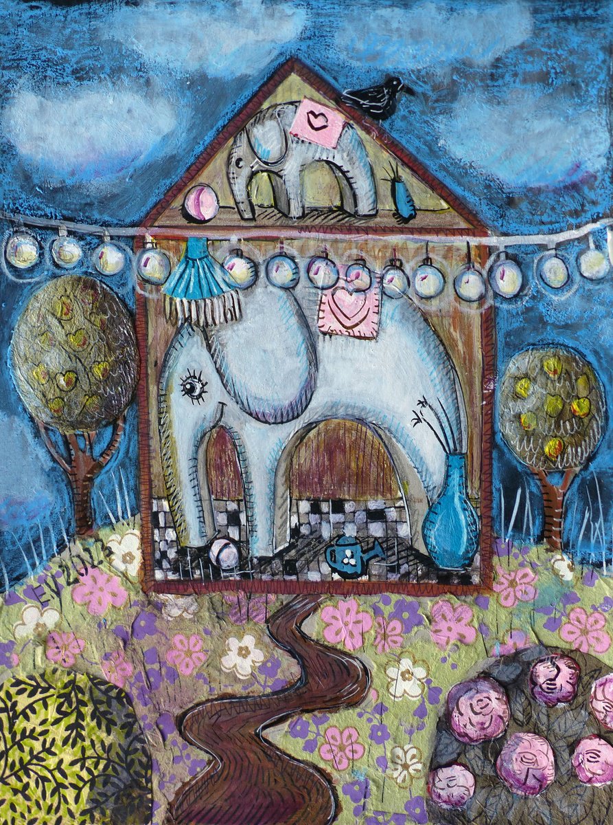 Illustrative Animal Painting By Elizabeth Vlasova, 9 X 12, Cute House, Original Artwork