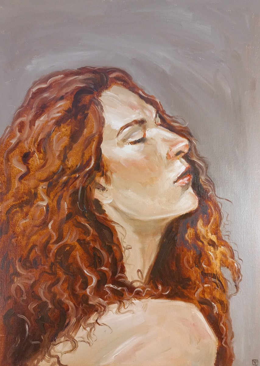 Woman oil portrait, etude, red hair, female painting by Tatiana Myreeva