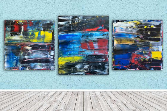 "An Orgy Of Pain" - Save As A Series - Original Xt Large PMS Abstract Acrylic Painting Triptych on Artist-Stretched Canvas - 108" x 42"