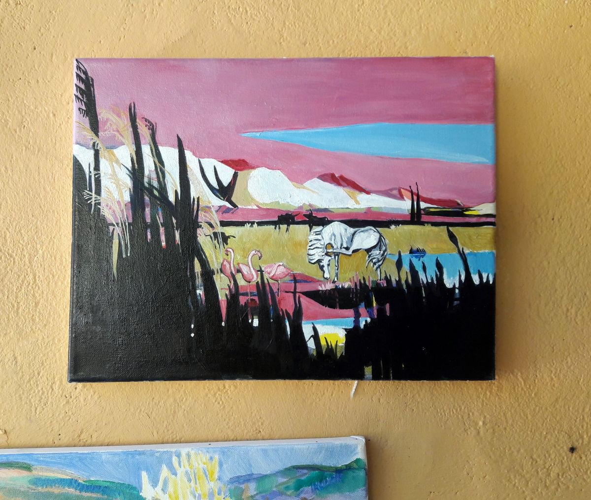 Naive Animal Oil Painting By Chris Walker, 14 X 11, The Alpilles From Crau, Original Artwork