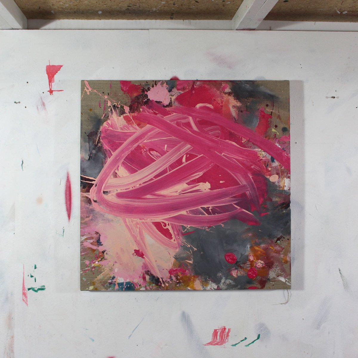 Expressive Abstract Acrylic Painting By Daniela Schweinsberg, 24 X 24, Strawberry Kiss, Original Artwork