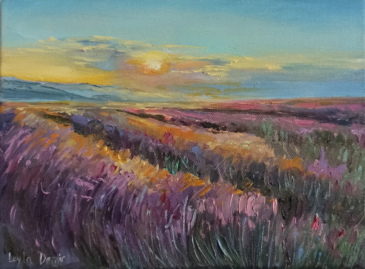 Photorealistic Landscape Oil Painting By Leyla Demir, 9 X 7", Lavender Fields, Original Artwork