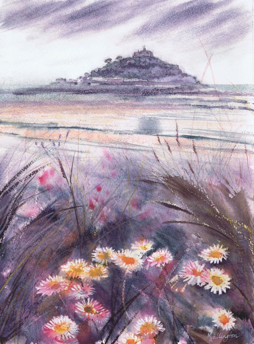 Cornish watercolour, St Michael’s Mount with Daisies by Michele Wallington