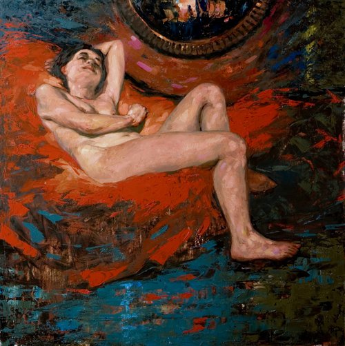 classic portrait of a nude woman in blue and red background by Olivier Payeur