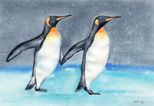 Birds of Antarctica. A couple of penguins. Original watercolor. by Evgeniya Mokeeva