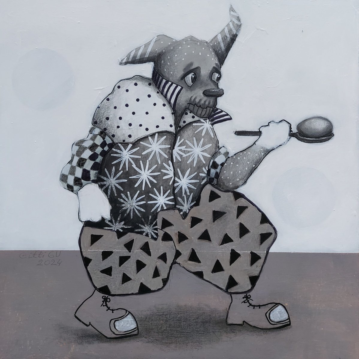 Illustrative Animal Painting By Gitti Gv, 12 X 12, Egg On The Spoon, Original Artwork