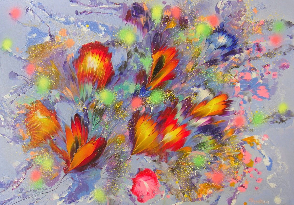 Abstract Botanical Acrylic Painting By Irini Karpikioti, 39 X 28, Lilac Charm, Original Artwork