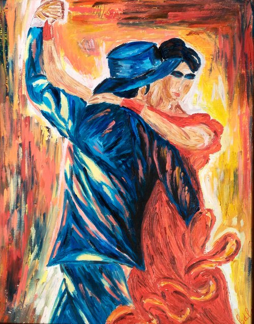 Tango Painting Dance Original Art Tango Dancers Oil Textured Artwork Dancing Home Wall Art 20 by 26" by Halyna Kirichenko by Halyna Kirichenko