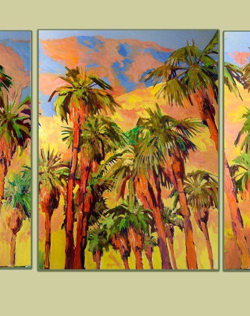 Desert Palm Trees, Three large Canvas artworks, triptych by Suren Nersisyan