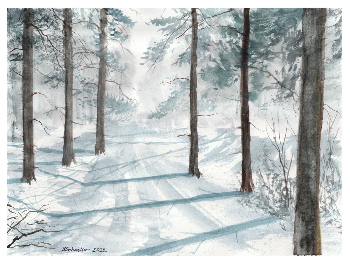 Impressionistic Landscape Watercolour By Yulia Schuster, 13 X 9", After Snowfall, Original Artwork