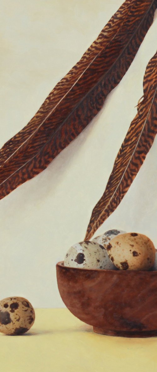 Quail Eggs with Feathers by Iryna Dolzhanska