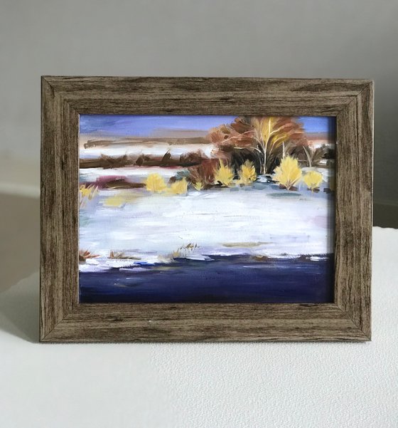 Winter lake Landscape original oil painting framed20x25cm