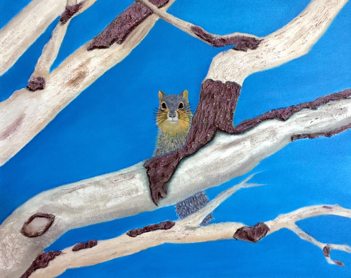 Impressionistic Animal Oil Painting By Leslie Dannenberg, 30 X 24", Oak Branch With Fox Squirrel, Original Artwork