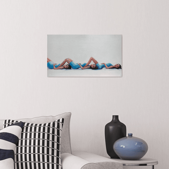 THREESOME - oil painting on cardboard, original gift, blue, woman, nude, erotics, original gift, home decor, pop art, office interior